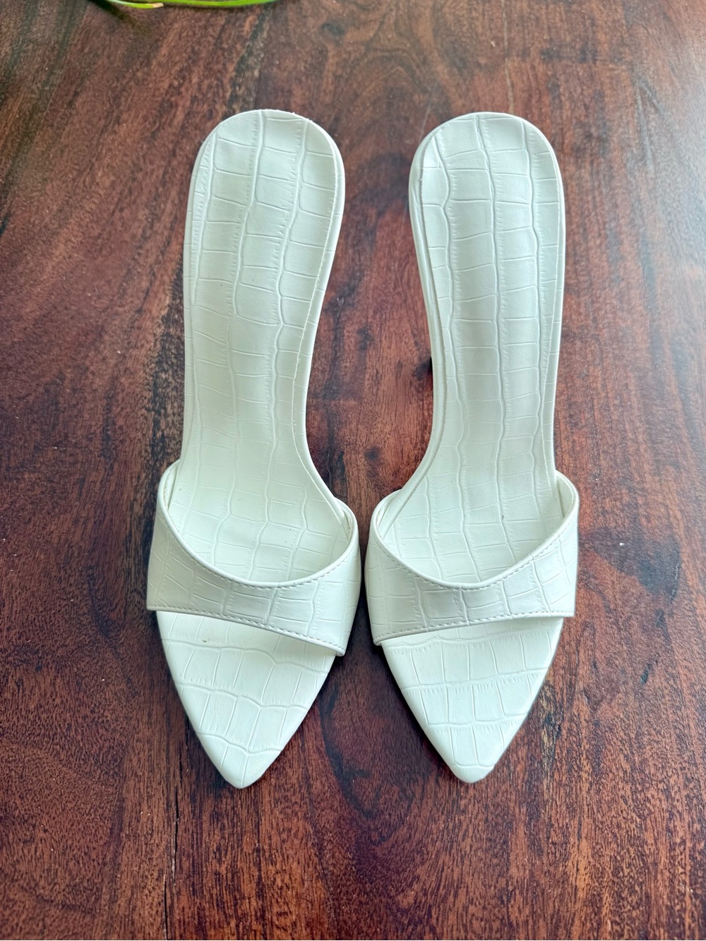 White Croc-Embossed Pointed Toe Mule Heels - Women